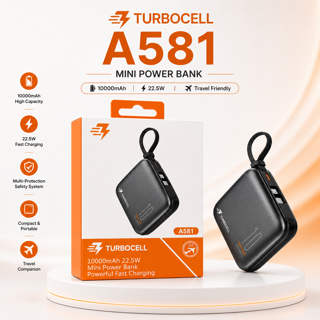 پاوربانک 10000 میلی‌آمپرساعت TurboCell A581 | شارژ سریع، نمایشگر دیجیتال و طراحی سبک